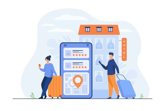 Illustration of travelers using a mobile booking engine in front of a hotel, symbolizing seamless direct hotel bookings through digital platforms.