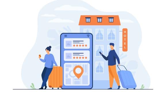 Illustration of travelers using a mobile booking engine in front of a hotel, symbolizing seamless direct hotel bookings through digital platforms.