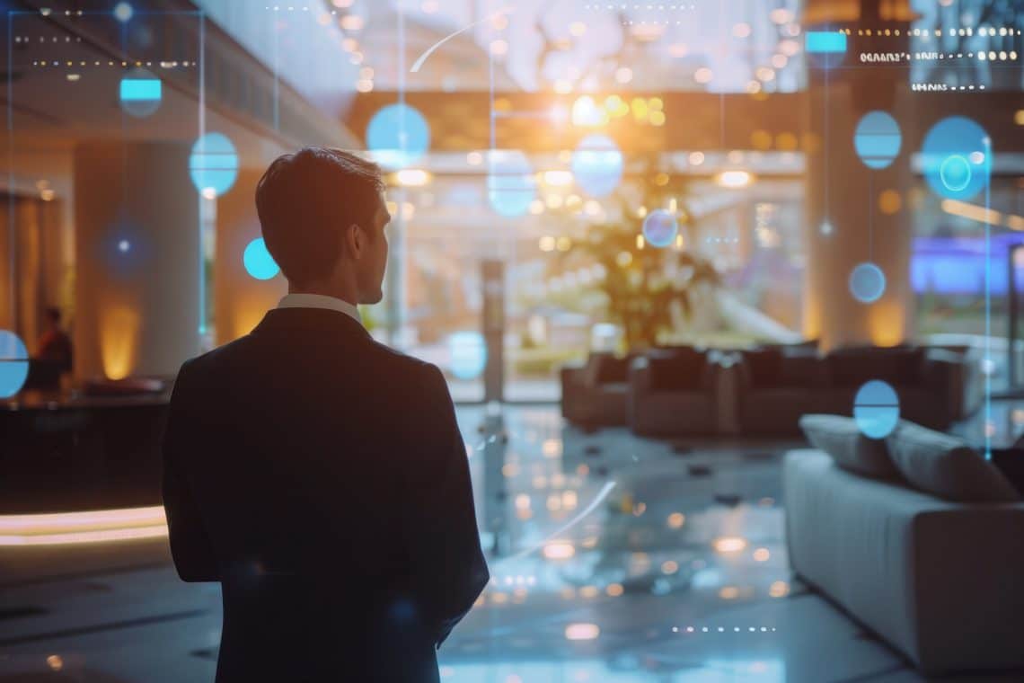 Hotelmanager im modernen Lobbybereich blickt auf digitale Datenvisualisierungen – symbolisiert technologiegestütztes, ausgelagertes Revenue Management.