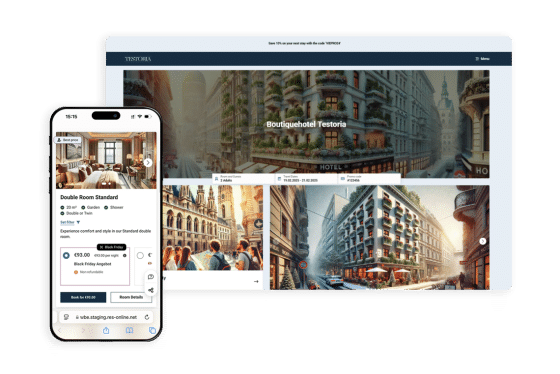 Responsive hotel booking engine B.E. Quick shown on desktop and mobile for Boutiquehotel Testoria