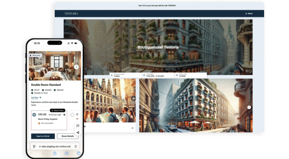Responsive hotel booking engine B.E. Quick shown on desktop and mobile for Boutiquehotel Testoria